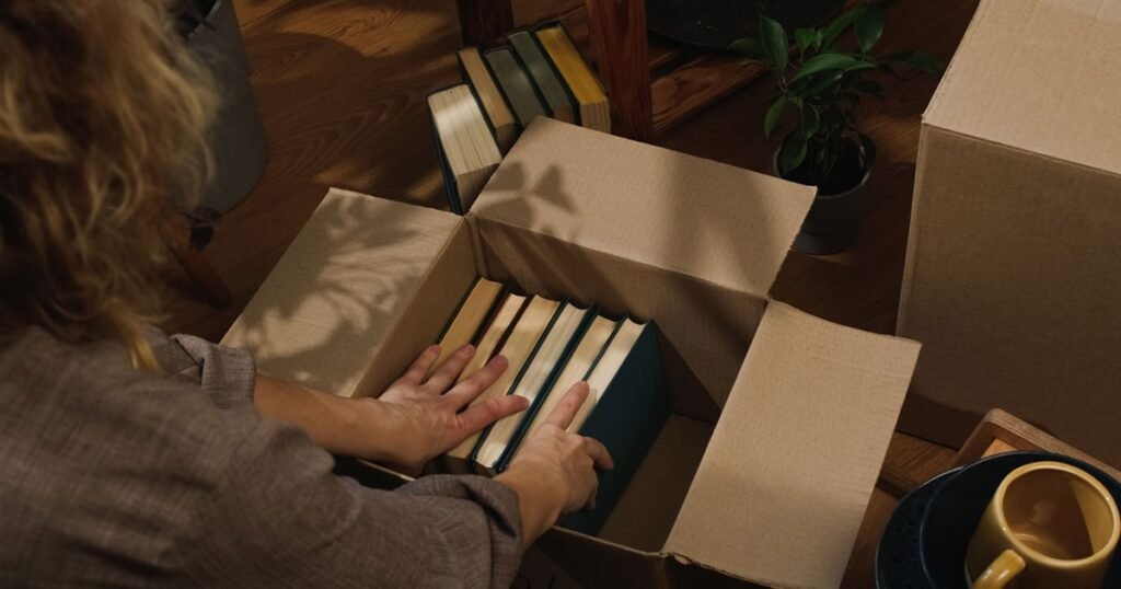 A woman carefully opens a box filled with books, demonstrating effective packing techniques for safe transport.