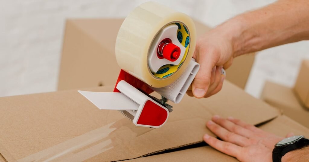 A person using a tape dispenser to cut open a box, demonstrating efficient packing techniques for moving.