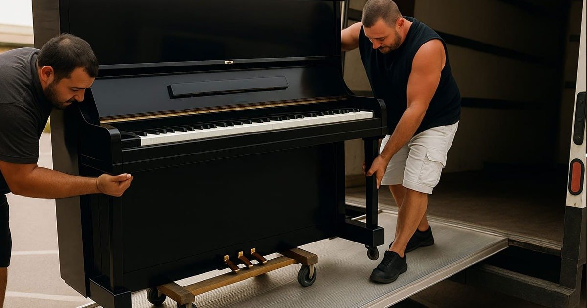 Two men carefully unloading a piano from a moving truck, demonstrating expert piano relocation techniques.