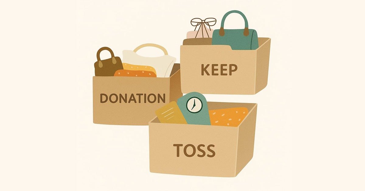 Three boxes labeled "Keep," "Toss," and "Donate," representing decluttering tips for organizing belongings effectively.