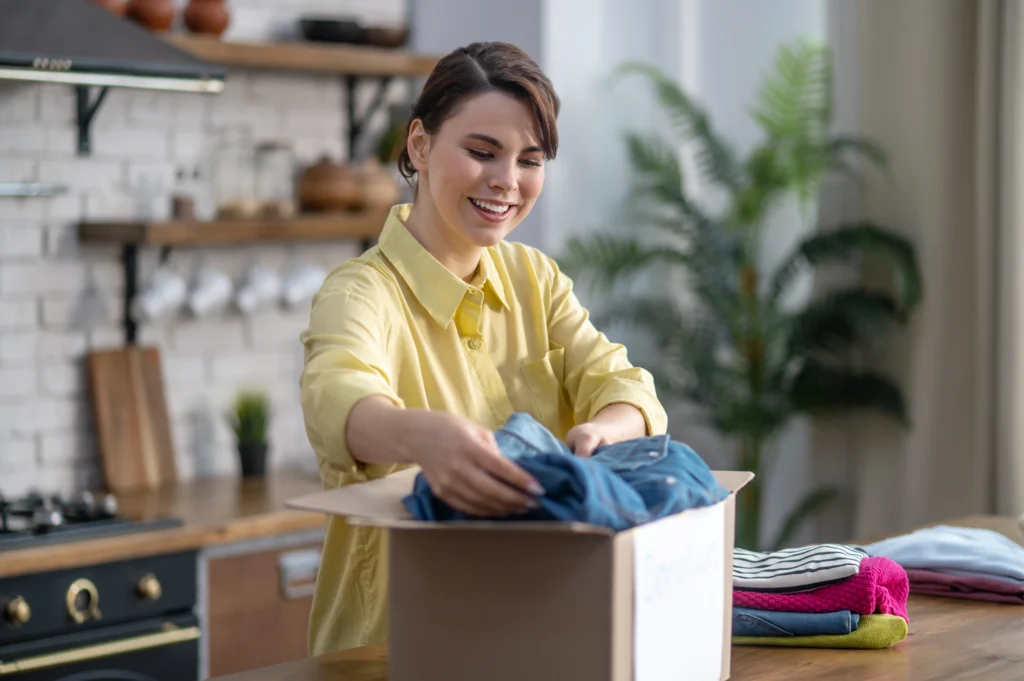 A woman places clothes into a box on a neatly made bed, preparing for packing or organizing.