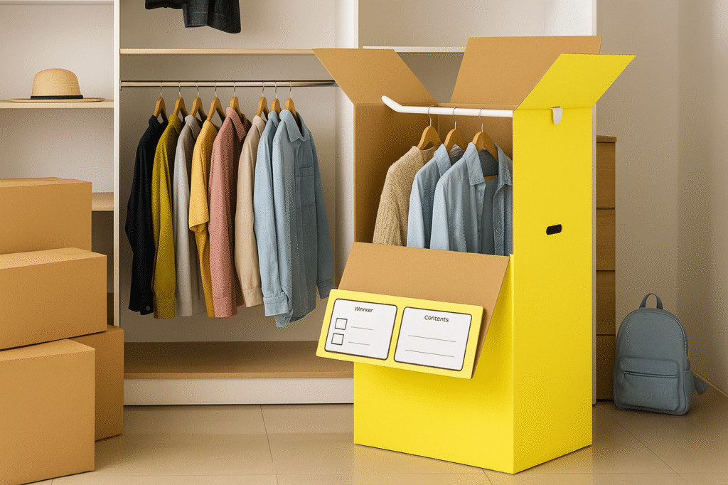 A yellow box filled with various clothes, including shirts and pants, arranged neatly inside.