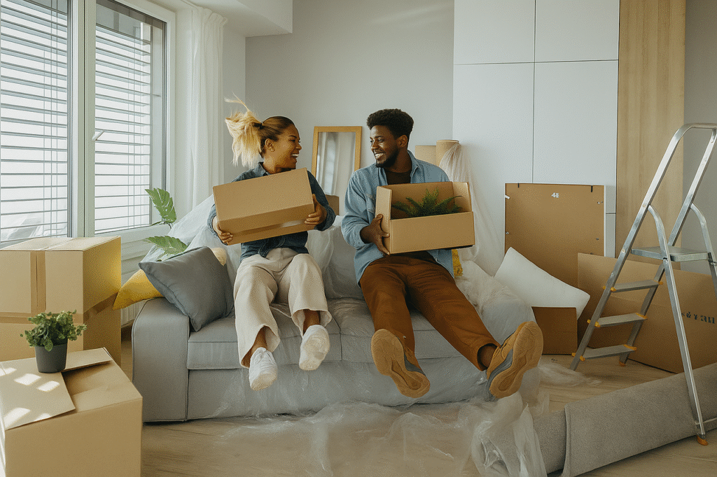 A couple joyfully carrying boxes into their new home, surrounded by moving supplies and a welcoming atmosphere.