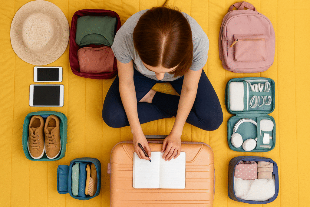 A woman sitting on a bed, taking notes, surrounded by personal items that are packed.