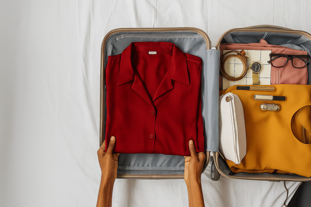 Open suitcase held by a woman’s hands, showcasing a variety of clothes packed 