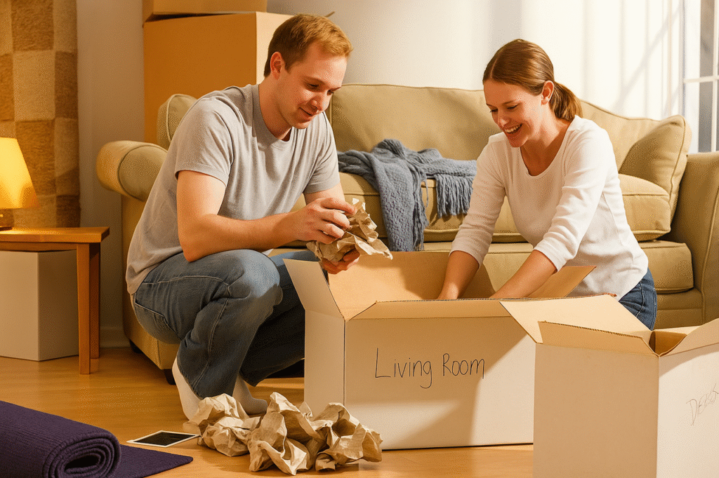 A man and woman are unpacking boxes together in a cozy living room filled with furniture and moving supplies.