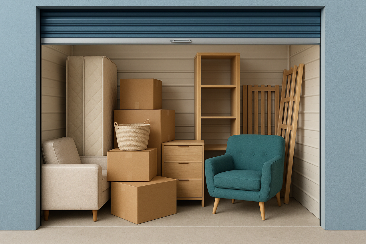 A cluttered storage room filled with stacked boxes and various pieces of furniture.