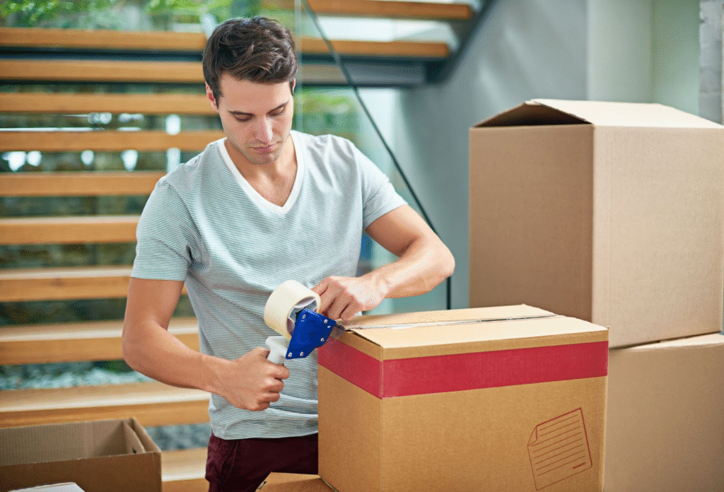 A man is packing boxes in a room, preparing for a move.