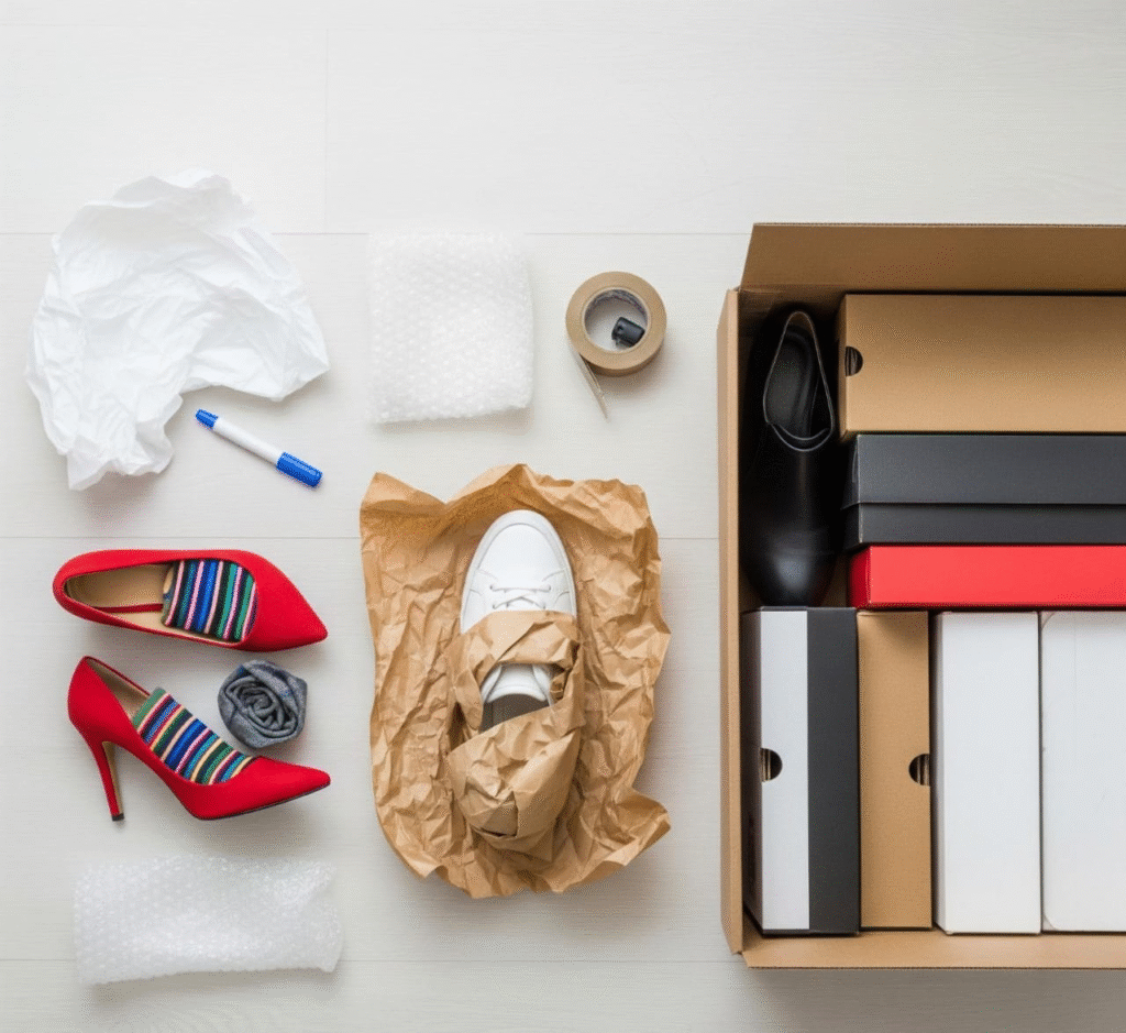 A box containing multiple pairs of shoes and socks, demonstrating effective packing techniques for footwear.
