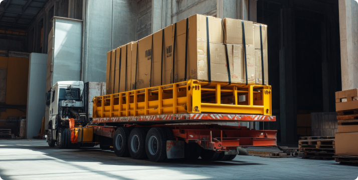 A truck loaded with boxes is moving through a spacious warehouse.