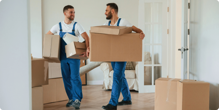 Two men carrying boxes in a living room, surrounded by furniture and moving supplies.