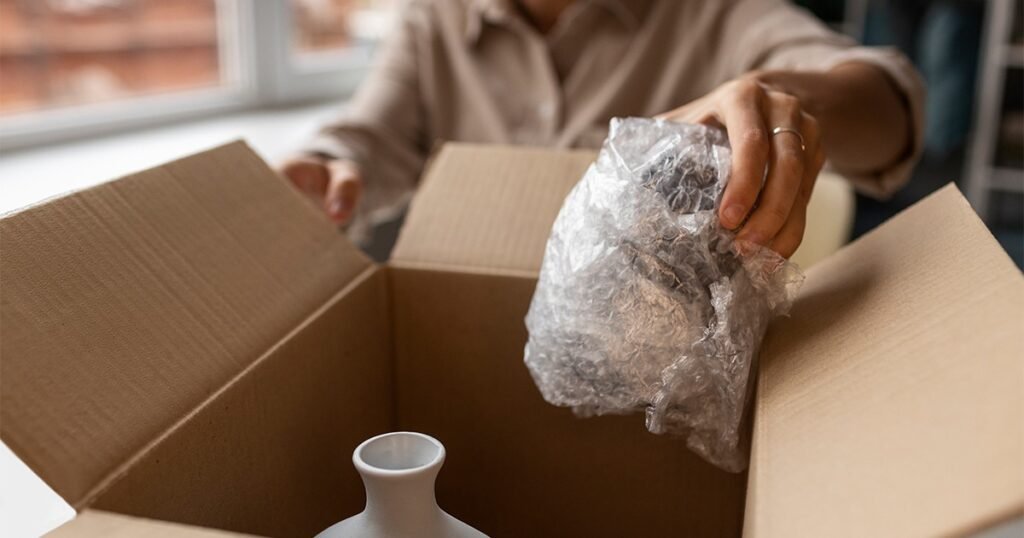 A woman is packing a box, using plastic wrap to secure and protect fragile and valuable items inside.