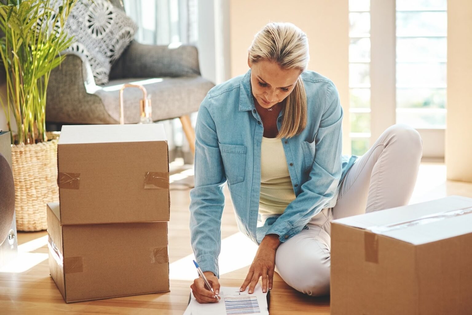 A woman on the floor with boxes and papers, preparing a list of packing items for her long-distance move.