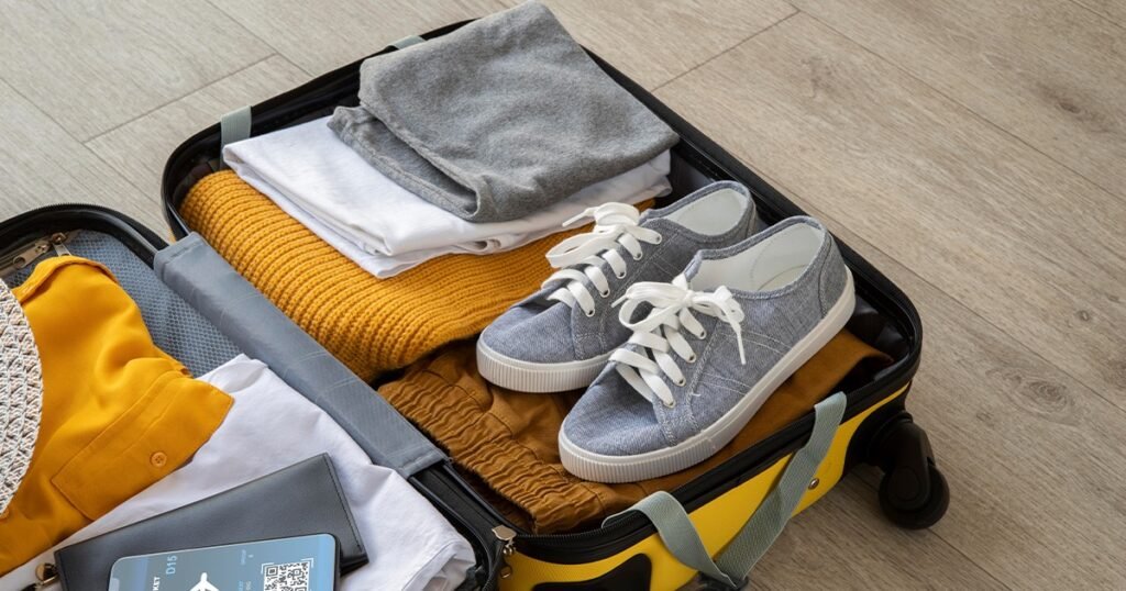 A woman efficiently packs a box with blue clothes, demonstrating space-saving packing hacks.