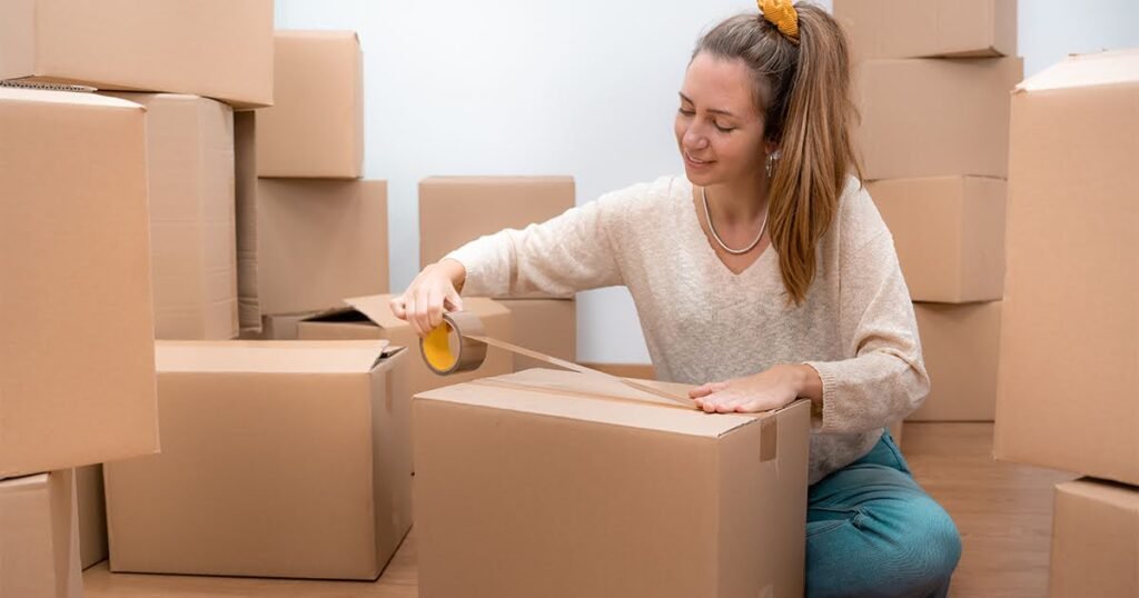 A woman organizes boxes in a vacant room, demonstrating practical packing tips for a smooth moving process.