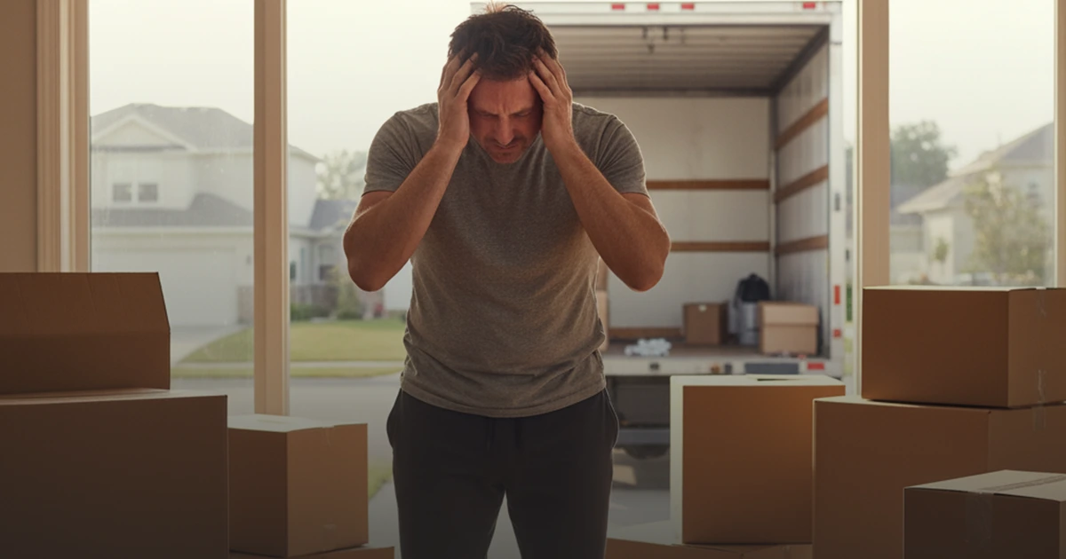Man looking stressed with hands on his head, surrounded by moving boxes