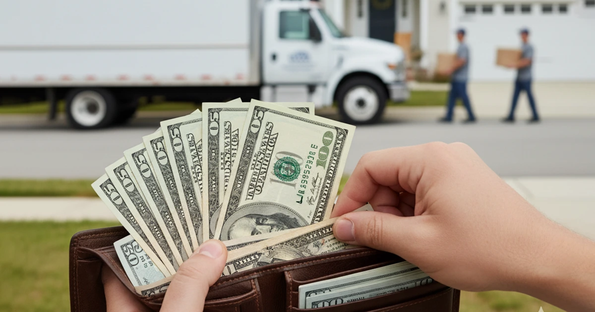 Hands putting cash into a wallet with a moving truck in the background.