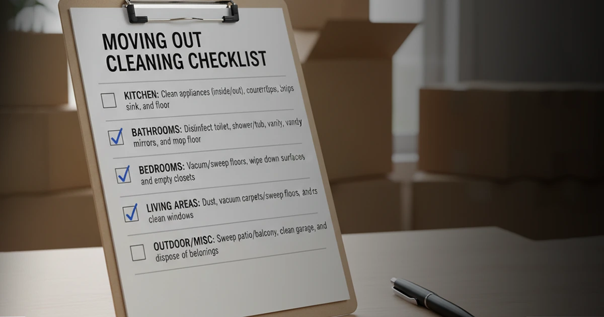 Clipboard checklist detailing a Moving Out Cleaning Checklist with boxes and a pen.