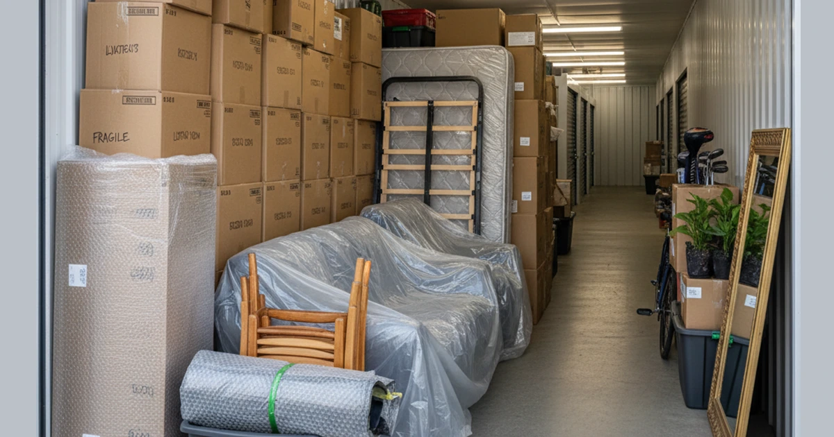 Interior view of a 10x15 storage unit packed with furniture and boxes.