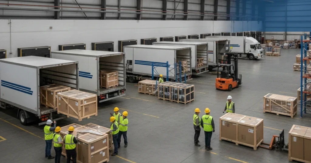 Workers load large wooden crates into trucks inside a busy warehouse.