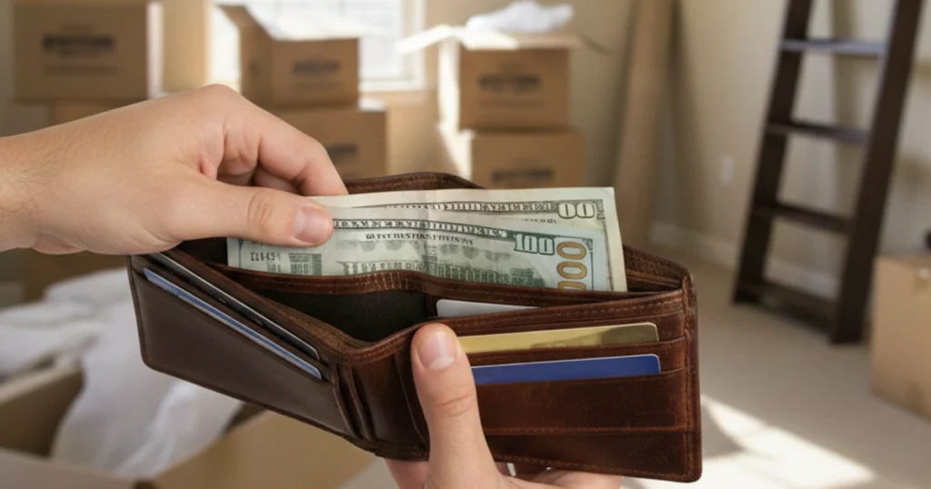 Hands placing cash into a brown wallet with moving boxes in the background.