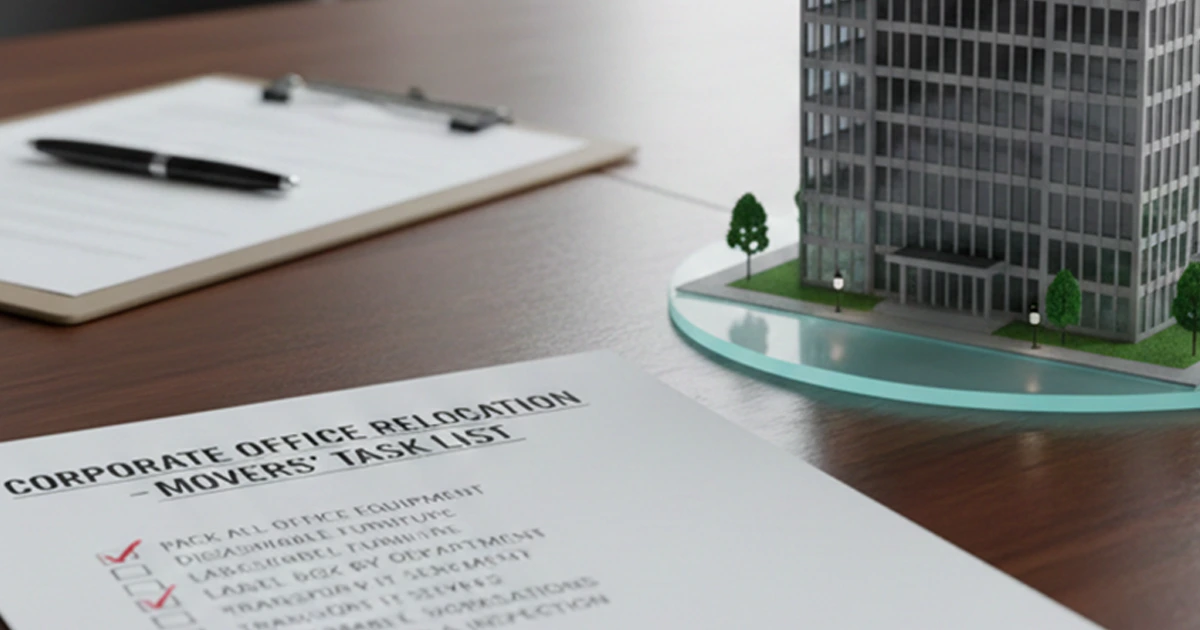Corporate office relocation checklist on a desk beside a building model.