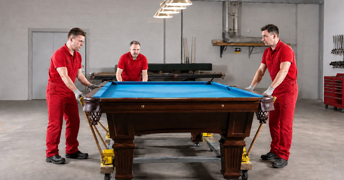Movers in red uniforms transporting a pool table.