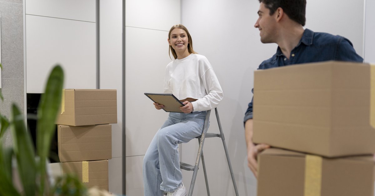 Couple moving into a new apartment with boxes and ladder.
