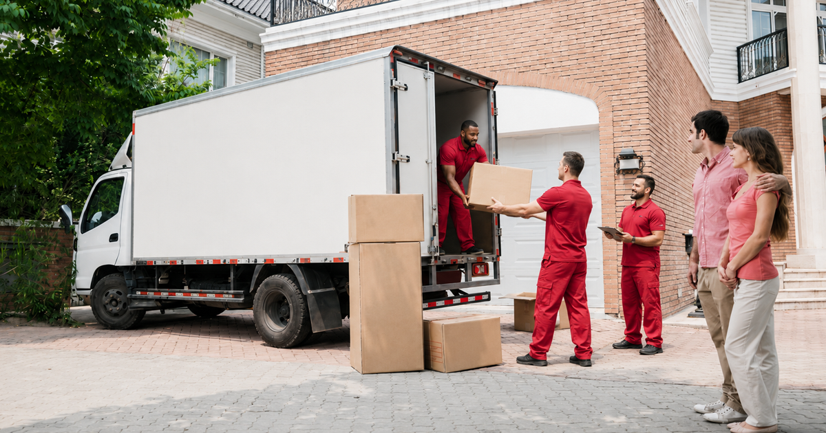 Movers unloading boxes from a white truck outside a suburban home.