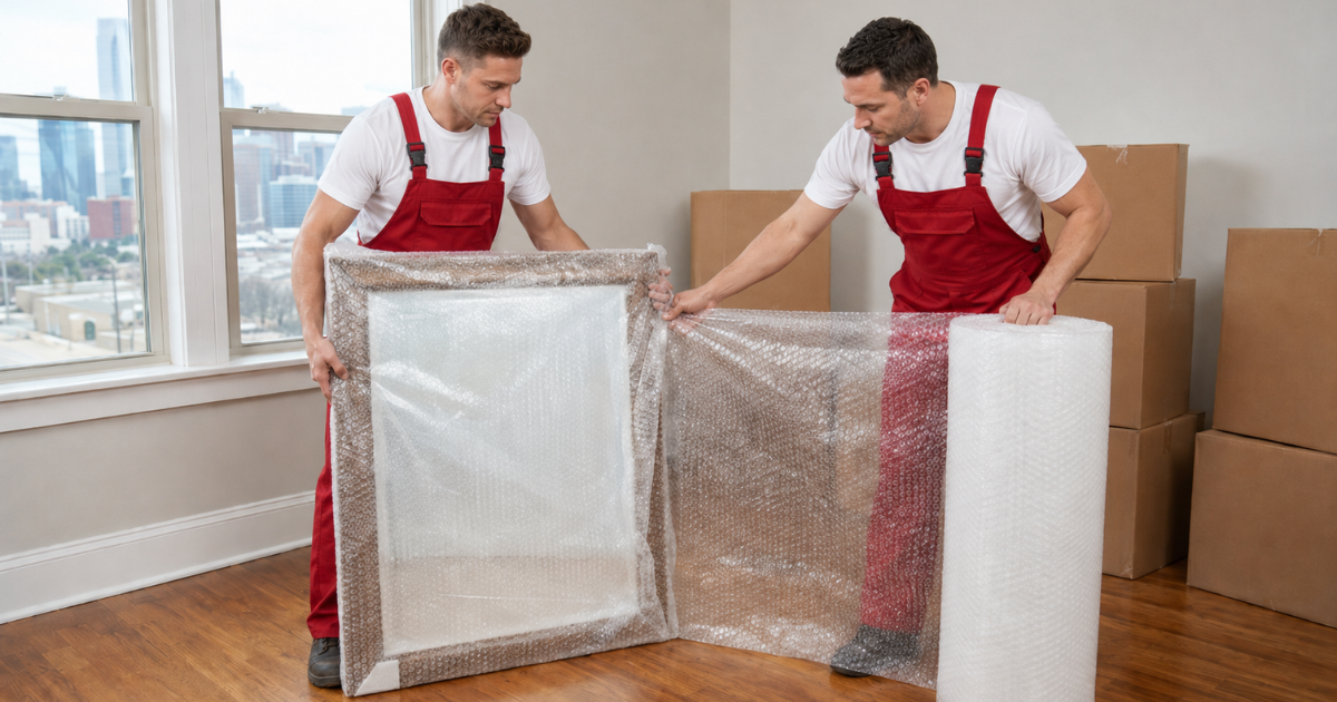 Two movers in red overalls wrap a framed item with bubble wrap beside stacked moving boxes.