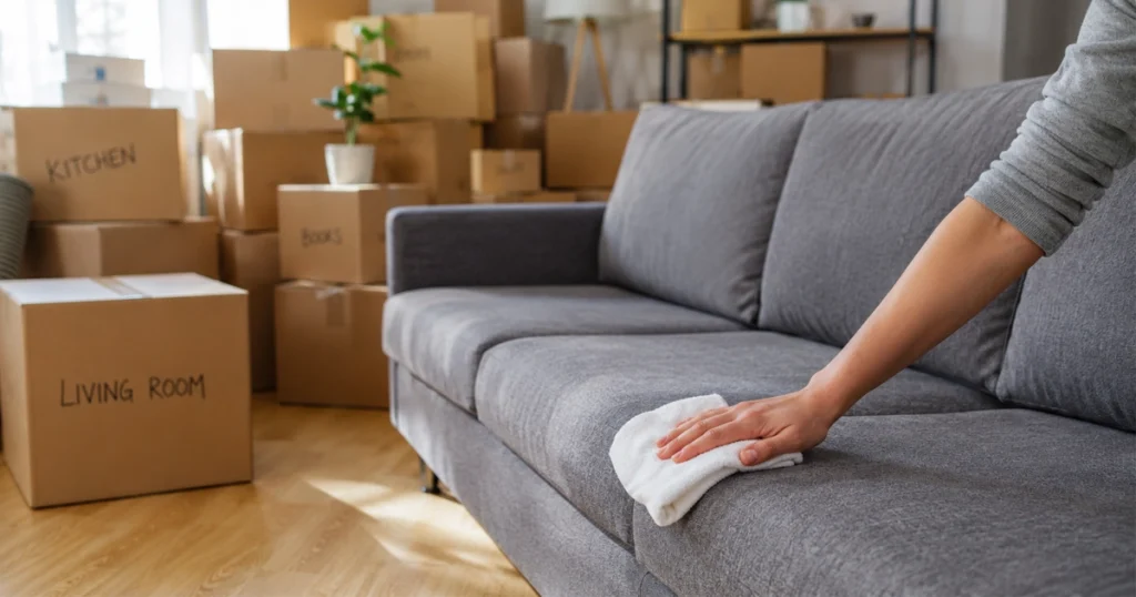 Hand cleaning a sofa beside packed boxes.