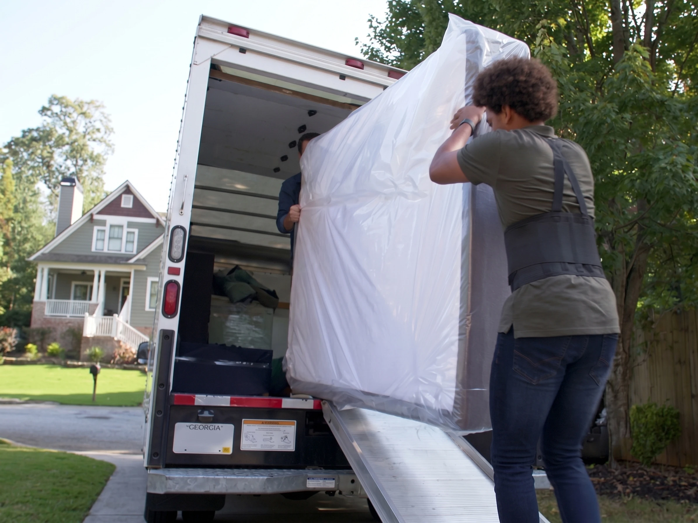 Movers loading a wrapped mattress into a moving truck.