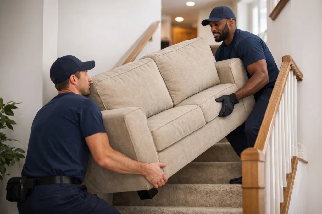 Two movers carrying a beige couch up a flight of stairs.