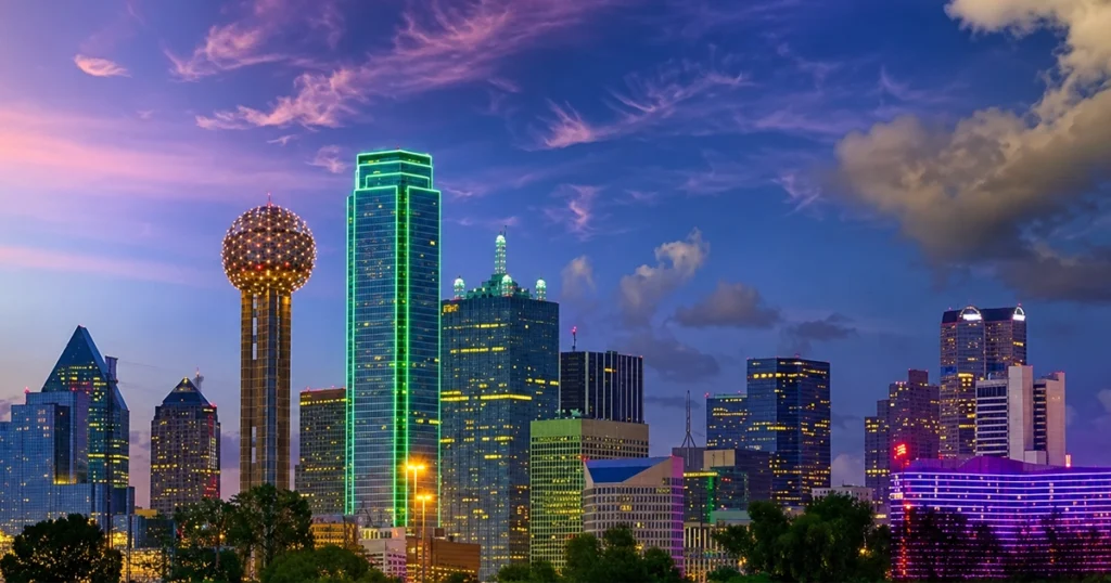 Dallas skyline illuminated at dusk under a colorful sky.