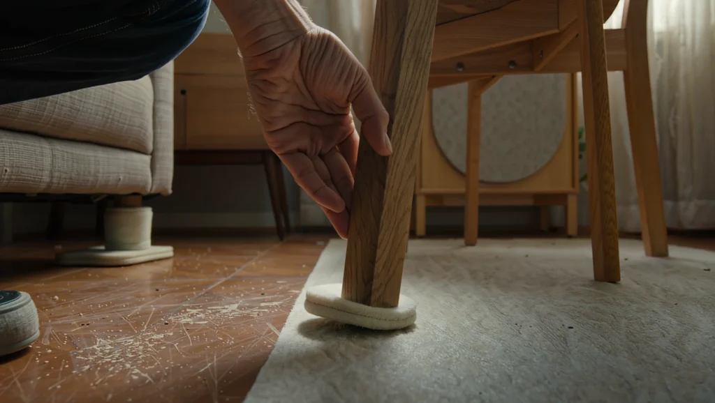 A low-angle shot showing a person’s hand placing a white felt furniture pad under the wooden leg of a chair. The chair sits at the edge of a light-colored rug, positioned to protect the polished dark wood floor from scratches and debris.