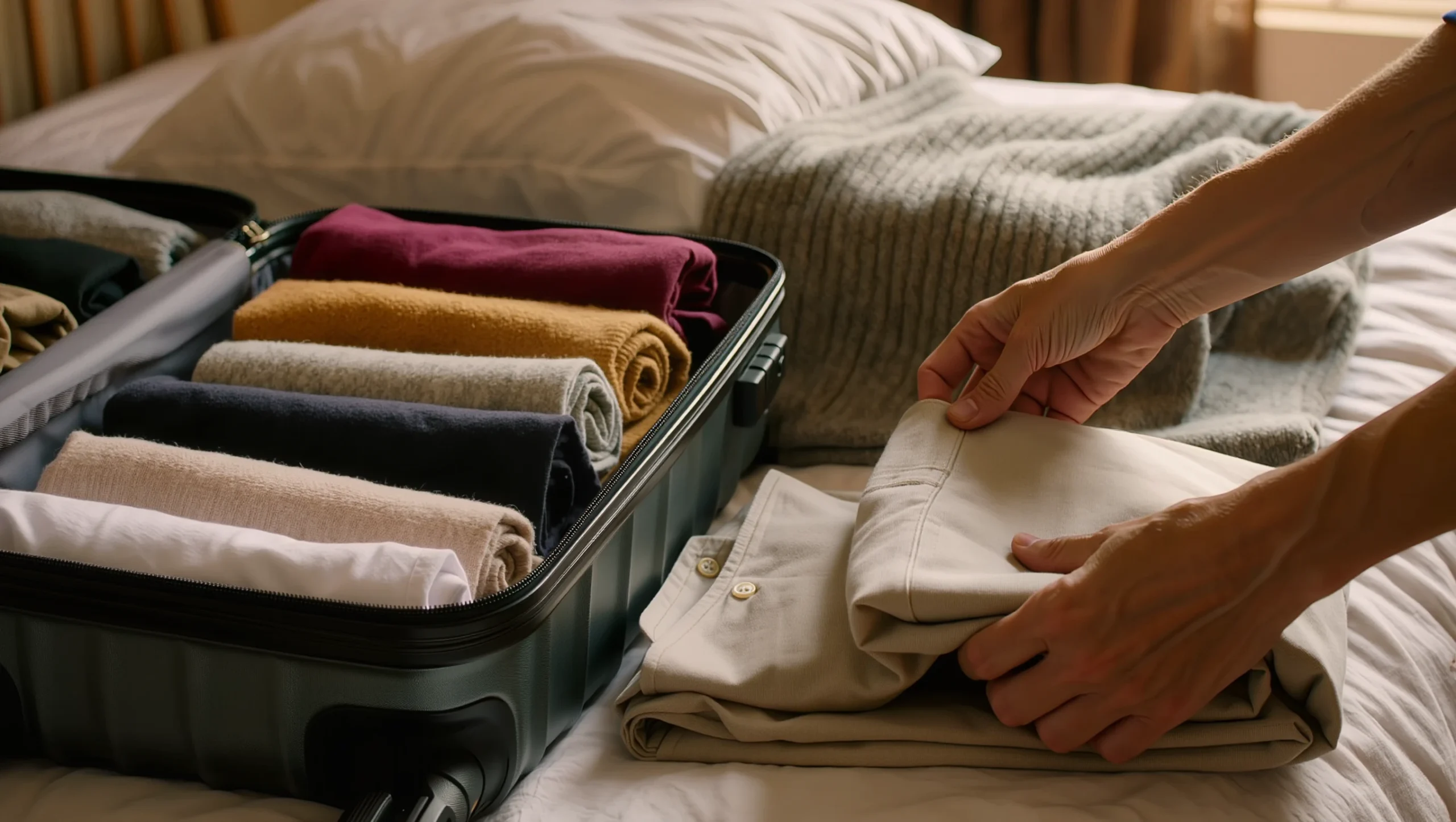 An open suitcase on a bed filled with neatly rolled clothes in various colors. A person's hands are shown in a close-up, carefully folding a pair of beige trousers to add to the organized luggage.