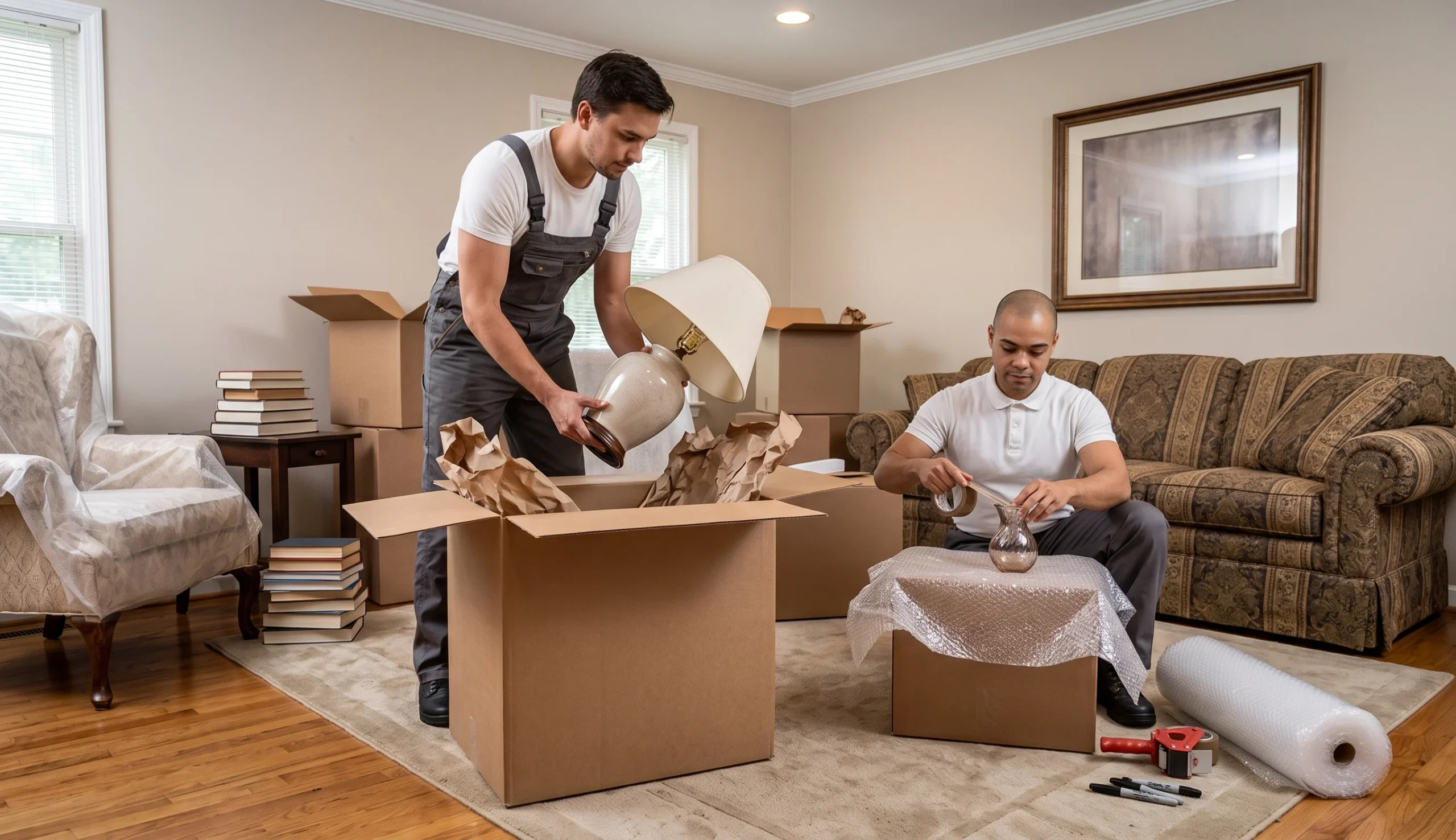 Two movers carefully packing household items and decor into cardboard boxes.