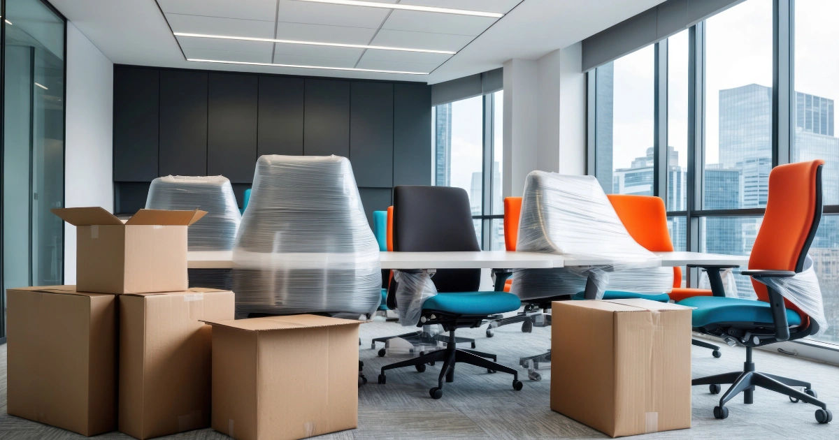Office furniture and boxes prepared for moving